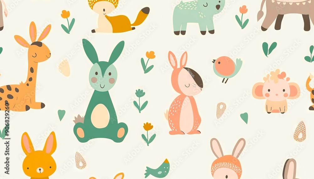 A pattern of cute animals and birds on a white background A pattern of cute animals and birds on a white background