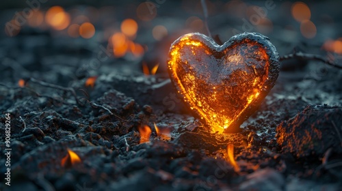 Glowing Heart Of Molten Fire Burning In Ashes, Perfect For Valentines Day Background photo