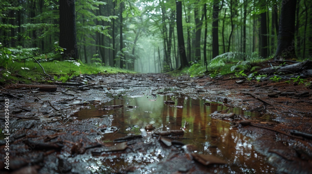 Summer woods after rainfall with reflections on a path Summer woods after rainfall with reflections on a path