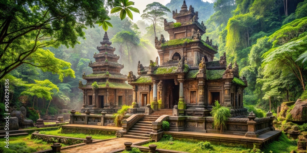 Fototapeta premium Ancient temple surrounded by lush greenery and intricate carvings, ancient, temple, architecture, historical