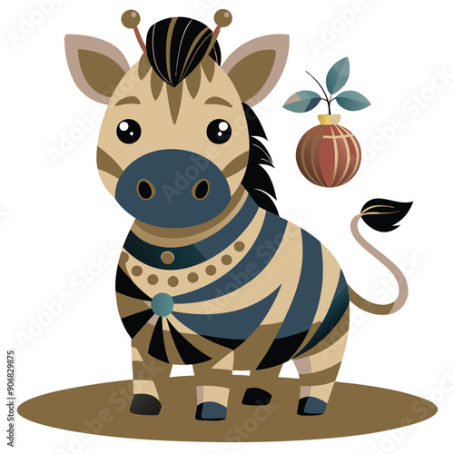 Cartoon Zebra with Striped Pattern and a Plant