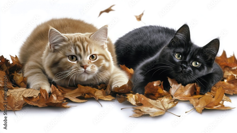 Two Playful Cats in Colorful Autumn Leaves on a Bright Day Two Playful Cats in Colorful Autumn Leaves on a Bright Day
