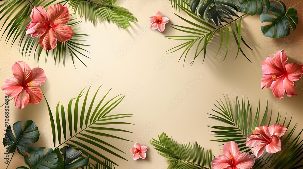 Tropical Frame with Palm Leaves and Exotic Flowers on Beige Background Tropical Frame with Palm Leaves and Exotic Flowers on Beige Background