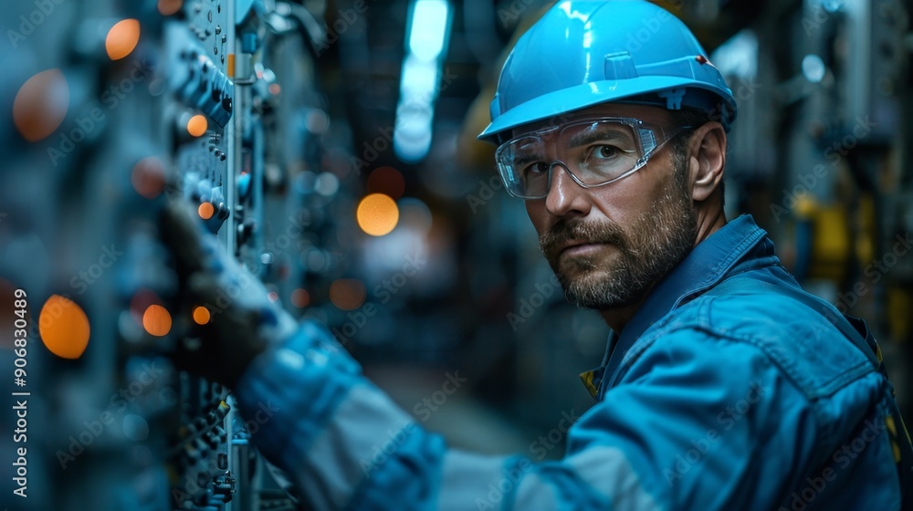 Industrial Engineer Adjusts Controls at Modern Factory, Manufacturing and Production Work Industrial Engineer Adjusts Controls at Modern Factory, Manufacturing and Production Work