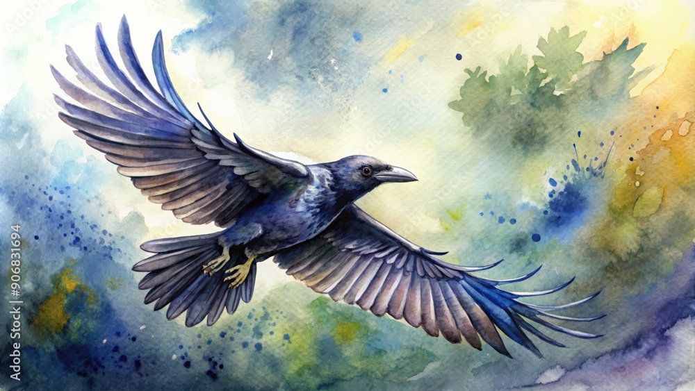 Fototapeta premium Handdrawn watercolor of a flying crow in nature, watercolor, handdrawn, flying, crow, bird, animal, wildlife, aquarell, painting