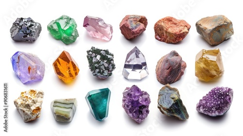 Various Natural Gemstones Collection on White Background