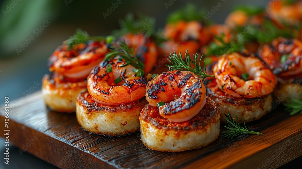 Succulent grilled shrimp and octopus arranged beautifully on a wooden platter, garnished with fresh herbs, ready for a catering feast. Succulent grilled shrimp and octopus arranged beautifully on a wooden platter, garnished with fresh herbs, ready for a catering feast.