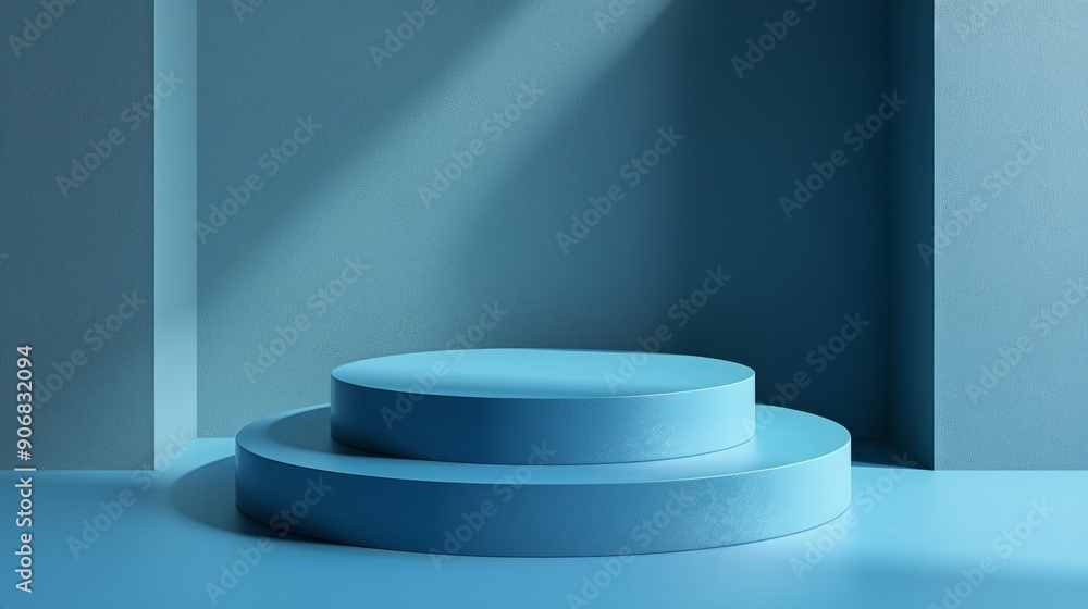 Blue podium displaying products in a modern studio setting Blue podium displaying products in a modern studio setting