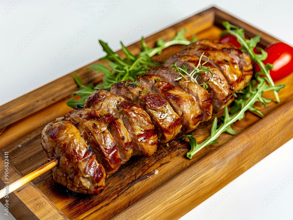 A wooden cutting board topped with meat and vegetables A wooden cutting board topped with meat and vegetables