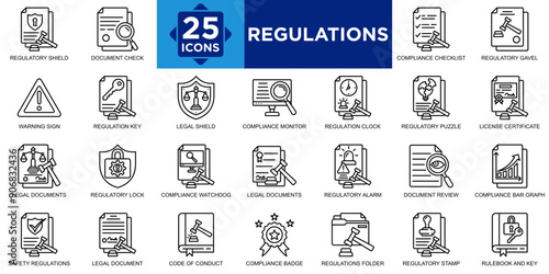 regulation, business, law, legal, compliance, technology icon set. Outline icons collection. Simple vector illustration