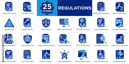 regulation, business, law, legal, compliance, technology icon set. Outline icons collection. Simple vector illustration