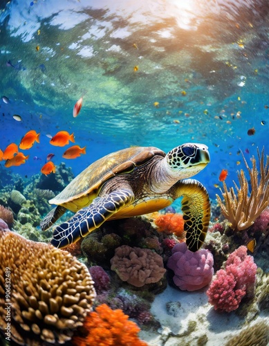 Fototapeta Naklejka Na Ścianę i Meble -  colorful coral reef with many fishes and sea turtle