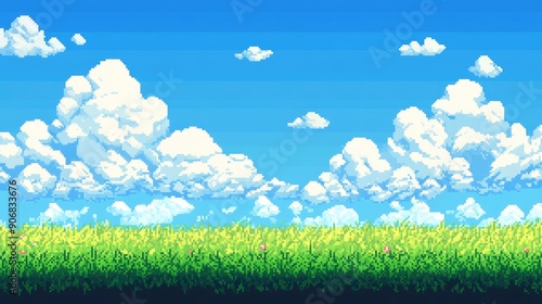 Retro pixel art game background with a landscape of blue sky, clouds, and grass, perfect for arcade games.