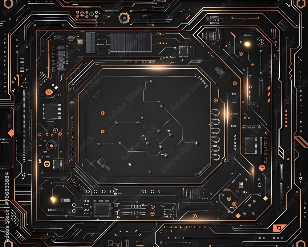 Fototapeta premium Modern Tech Frame with Circuit Board Designs on Sleek Black Background
