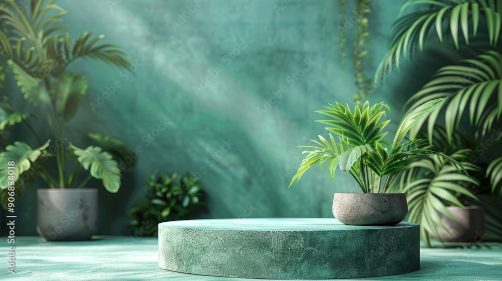 Green podium display with potted plants in a serene indoor setting Green podium display with potted plants in a serene indoor setting