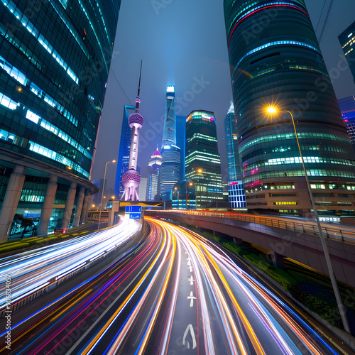 Light trails from cars driving on highway with illuminated oriental pearl tower and modern buildings in shanghai at night photo