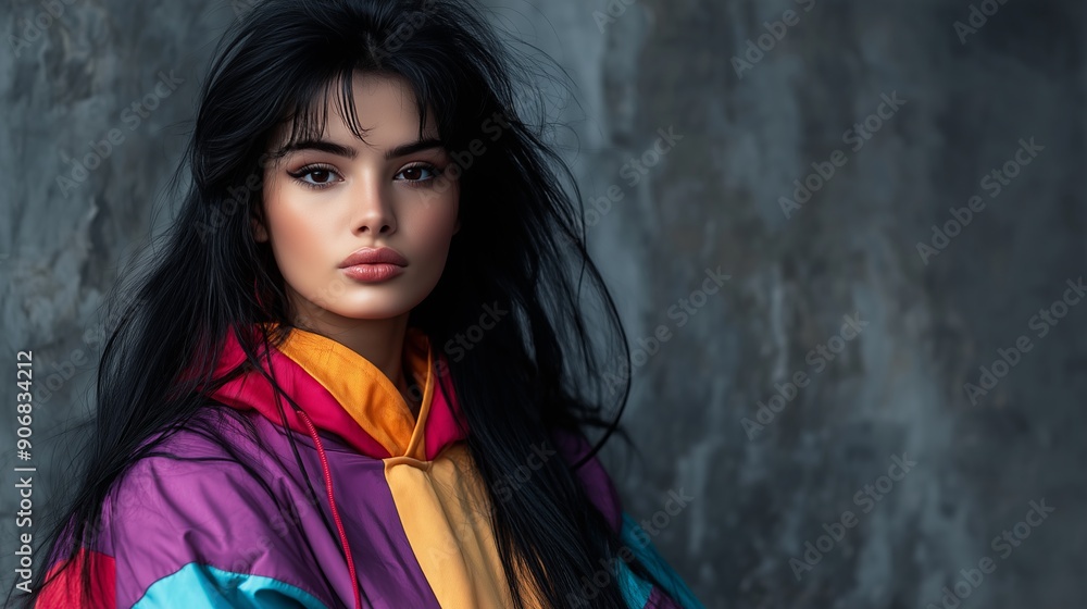 Fototapeta premium A young woman with long black hair poses confidently while wearing a vibrant and colorful outfit.
