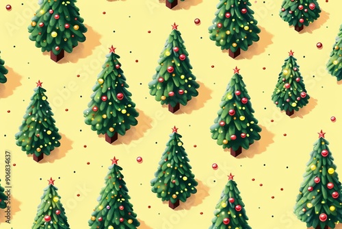 Festive Christmas trees pattern with colorful ornaments and stars on a light yellow background.