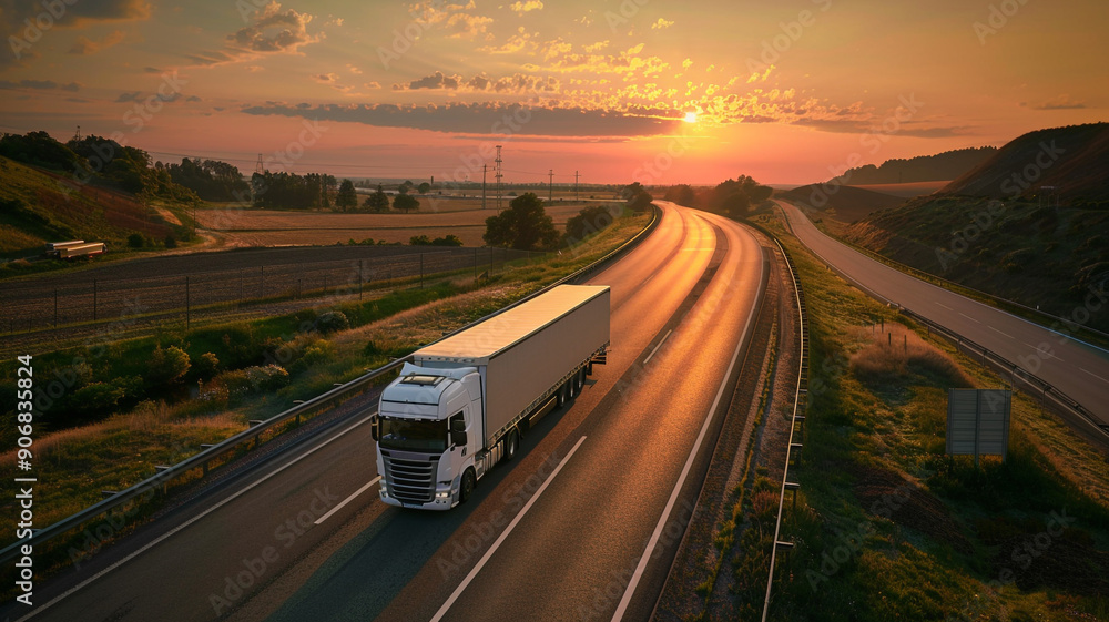 Truck on the highway at sunset Truck on the highway at sunset