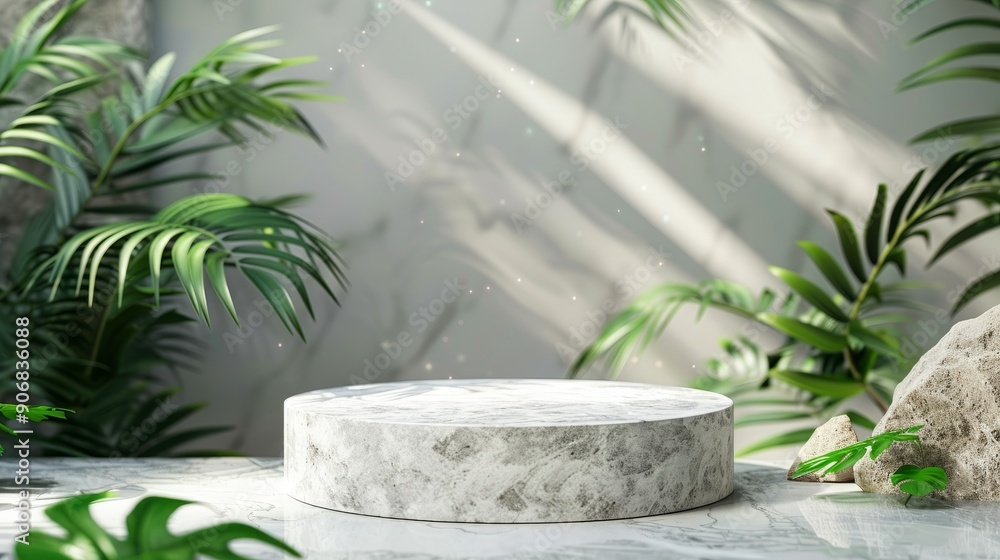 White marble podium surrounded by lush greenery in a dappled light setting White marble podium surrounded by lush greenery in a dappled light setting