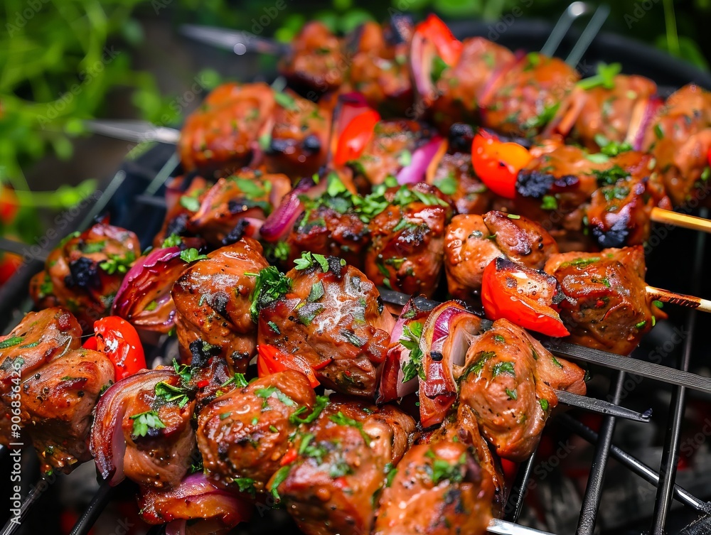 A bunch of meat and vegetables on a grill A bunch of meat and vegetables on a grill