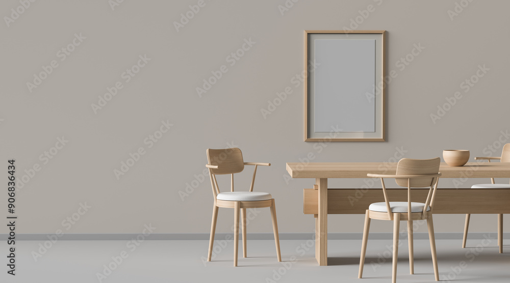 Minimalist dining room with wooden chairs and wooden table. Stylish dining room design. 3D illustration Minimalist dining room with wooden chairs and wooden table. Stylish dining room design. 3D illustration