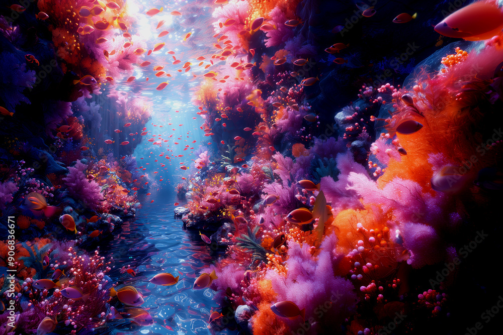 Underwater river. Life in a coral reef. The rich colours of tropical fish. Animals of the underwater marine world. Ecosystem. Horizontal. Background Underwater river. Life in a coral reef. The rich colours of tropical fish. Animals of the underwater marine world. Ecosystem. Horizontal. Background