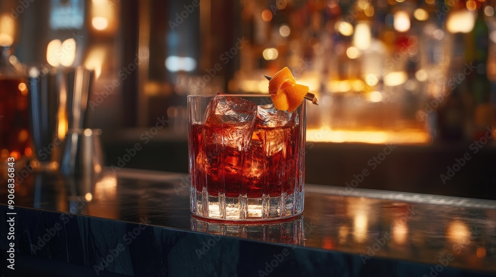 A classic Negroni cocktail with an orange twist, served in a stylish bar. A classic Negroni cocktail with an orange twist, served in a stylish bar.