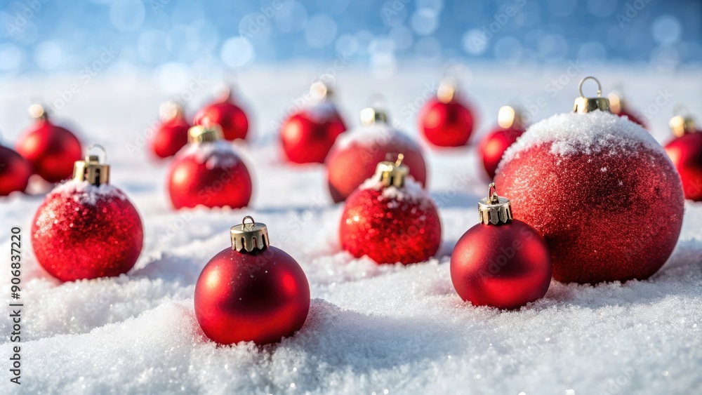 Red Christmas balls scattered on fresh white snow , winter, holiday, decoration, festive, ornaments, shiny, traditional Red Christmas balls scattered on fresh white snow , winter, holiday, decoration, festive, ornaments, shiny, traditional