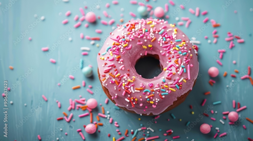 Colorful pink donut with sprinkles on a light blue surface Colorful pink donut with sprinkles on a light blue surface