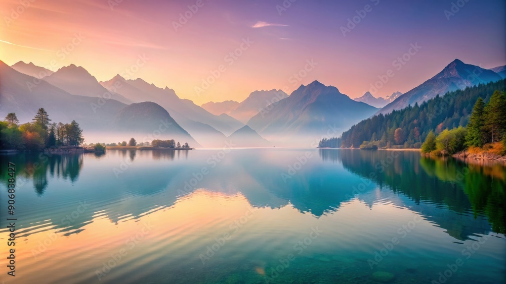 Peaceful lake nestled amongst gentle mountains in soft, liquid hues, serene, tranquil, calm, water, reflections Peaceful lake nestled amongst gentle mountains in soft, liquid hues, serene, tranquil, calm, water, reflections