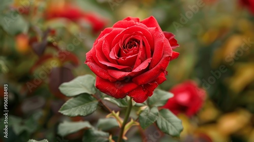 Blooming red rose in a vibrant garden during daylight