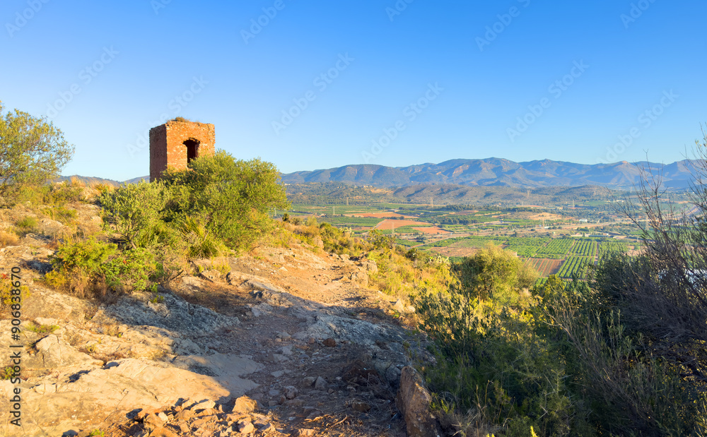 Ruins of Castillo De Almenara (Castell d'Almenara). Fortress ruins in mountains. Ruined fort on top of a mountain. Almenara, Castellón, Valencia, Spain. orre Este Castillo de Almenara Ruins of Castillo De Almenara (Castell d'Almenara). Fortress ruins in mountains. Ruined fort on top of a mountain. Almenara, Castellón, Valencia, Spain. orre Este Castillo de Almenara