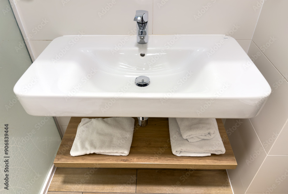 Fototapeta premium Washbasin on a background. Bathroom Interior design. White ceramic tiles. Faucet for water at the white wall background. Luxurious sink white, themed background for interior and design