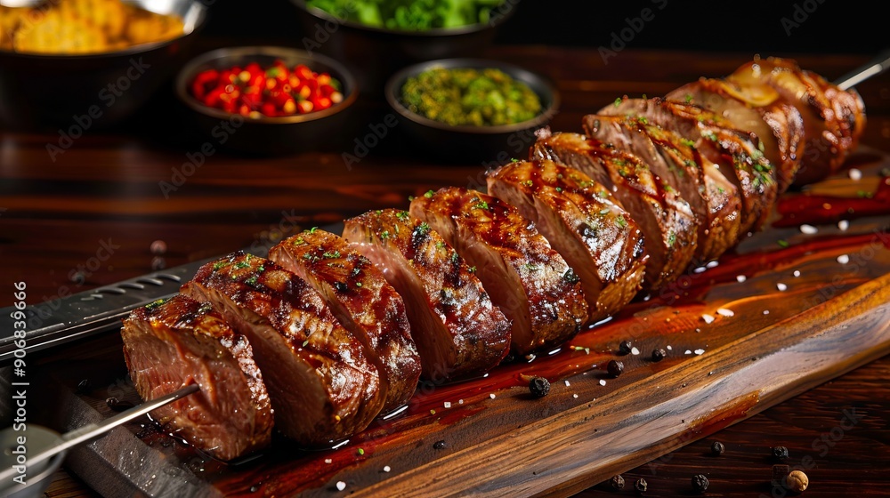 A wooden cutting board topped with sliced meat on skewers A wooden cutting board topped with sliced meat on skewers