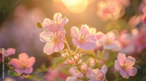 Delicate pink flowers blooming in the soft glow of sunset