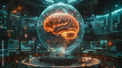 A contemporary research facility showcases a glowing brain model surrounded by high-tech equipment and screens, emphasizing cutting-edge medical advancements.