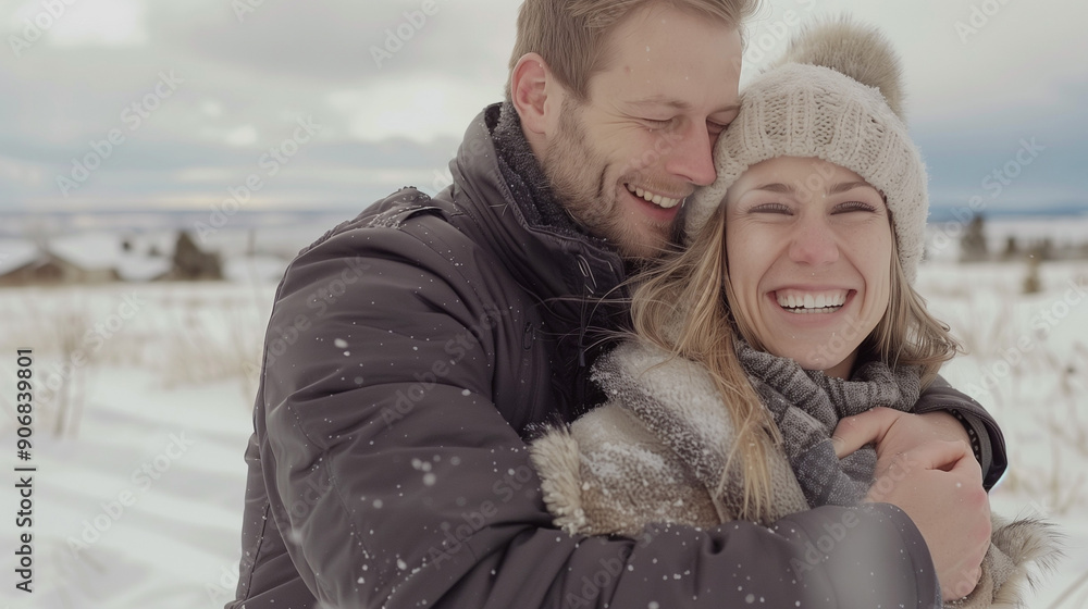 Happy Young Couple Hugging in Winter Snow Happy Young Couple Hugging in Winter Snow
