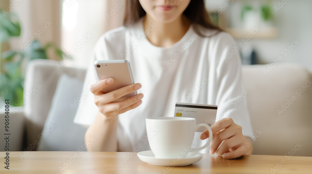 Woman sitting indoors, holding a credit card and using a smartphone for online shopping, with a cup of coffee on the table Woman sitting indoors, holding a credit card and using a smartphone for online shopping, with a cup of coffee on the table