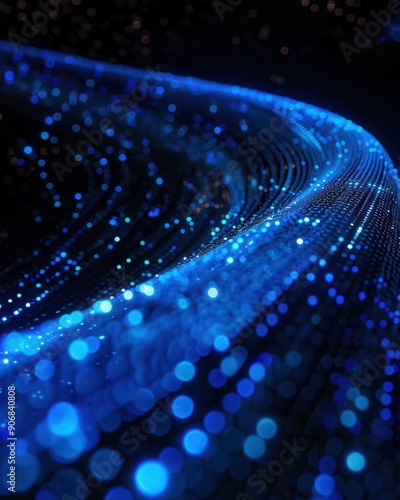 Glowing blue binary stream on a curved computer screen, abstract tech style, side angle, black background,