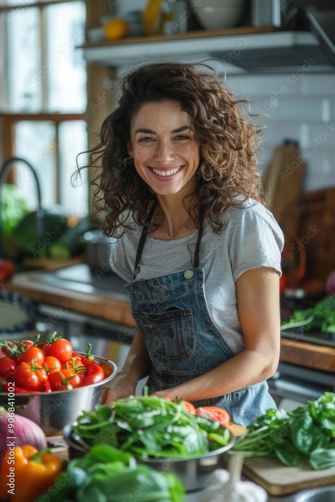 Happy smiling woman preparing fresh vegan salad, colorful vegetables on kitchen counter, bright light, cheerful home setting, Happy smiling woman preparing fresh vegan salad, colorful vegetables on kitchen counter, bright light, cheerful home setting,