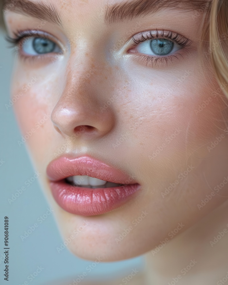 Naklejka premium Young woman with glowing, clear skin, subtly biting her lip, clean white background, closeup detail