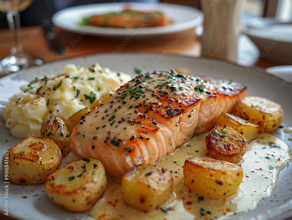 a plate of cooked salmon steak with a side of mashed potatoes and a sauce, presented on a dining table. a plate of cooked salmon steak with a side of mashed potatoes and a sauce, presented on a dining table.