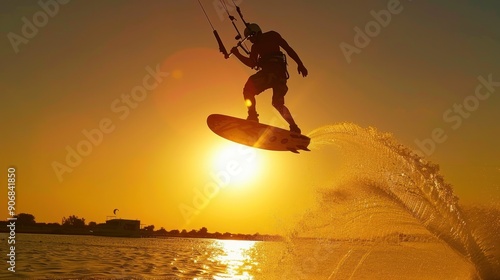 Silhouette of Kitesurfer Against Sunset