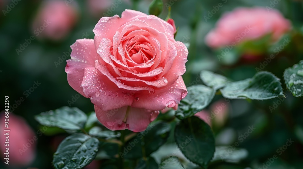 Pink rose blossoming in nature with dewdrops in a garden setting Pink rose blossoming in nature with dewdrops in a garden setting