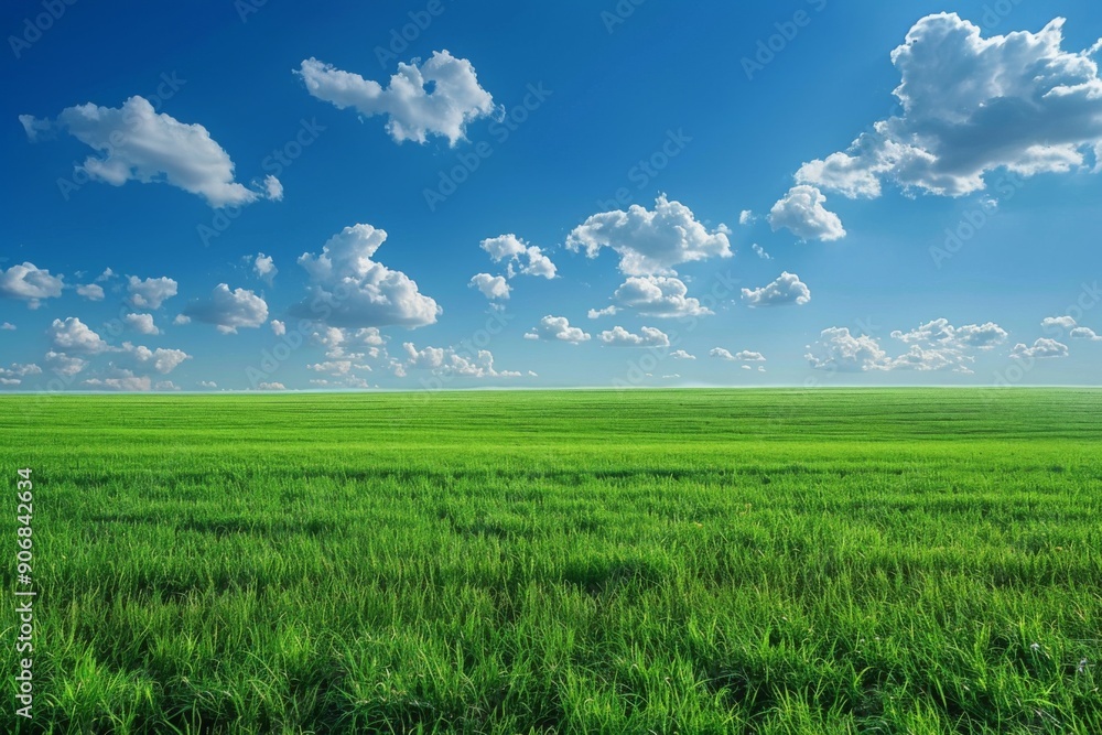 Obraz premium Serene Vista: The Tranquil Beauty of an Open Field Under the Expansive Sky, a Pristine Natural Landscape Embracing the Essence of Rural Charm