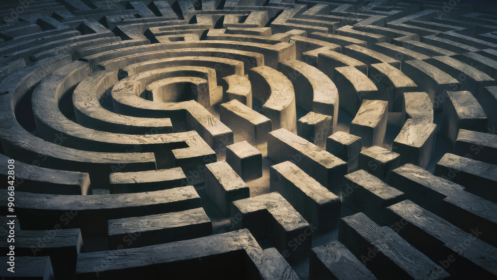 A large circular maze with a wooden floor and many different shapes, AI A large circular maze with a wooden floor and many different shapes, AI