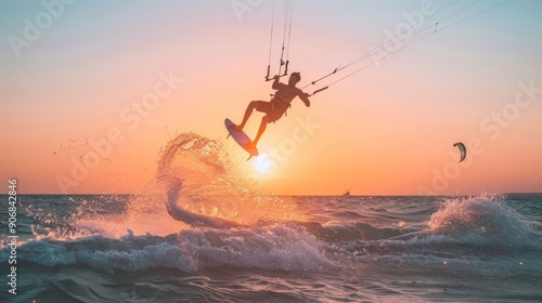 Kitesurfer jumps waves at sunset. Silhouette of man kitesurfing over ocean during golden hour. Concept of adventure, extreme sports, and watersports