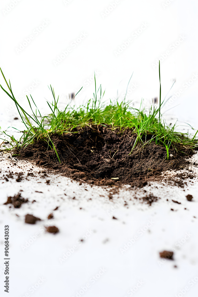 Fototapeta premium Close-up of green grass tuft with soil isolated on white.