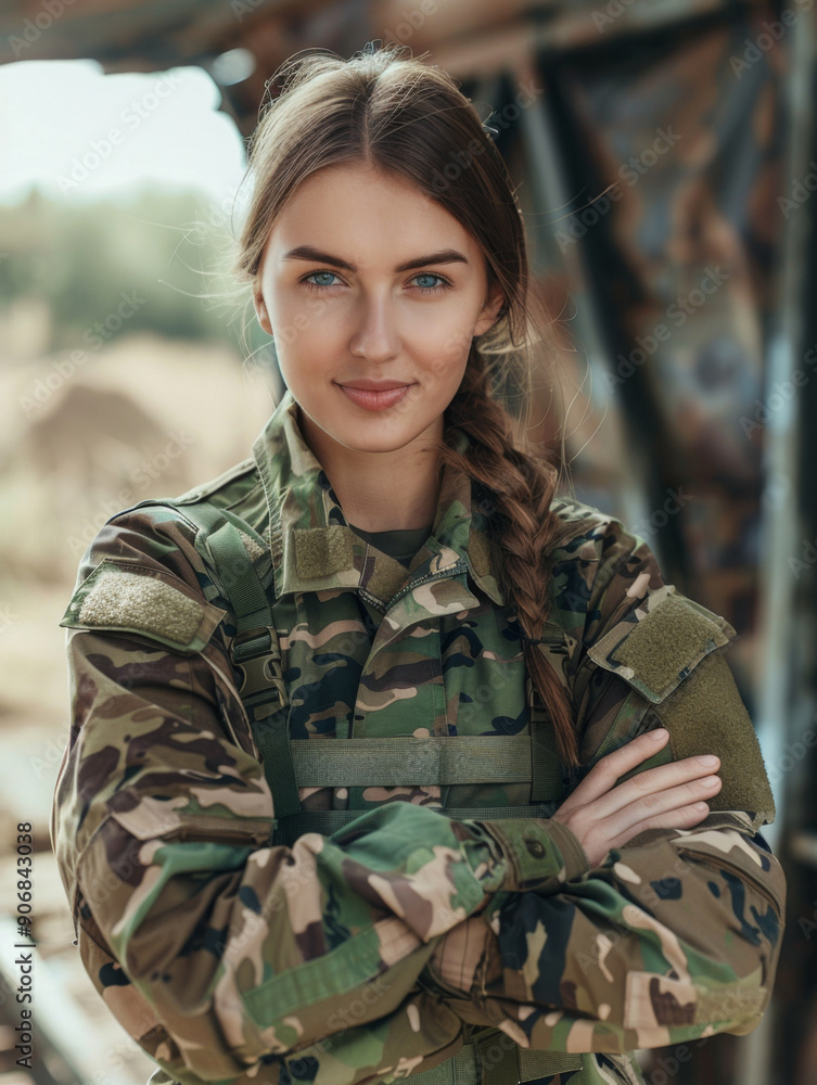 A woman in a military uniform is standing in front of a building A woman in a military uniform is standing in front of a building